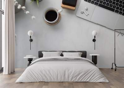 Top view of workspace with copy space, office supplies, decorations and coffee cup on marble desk Wall mural