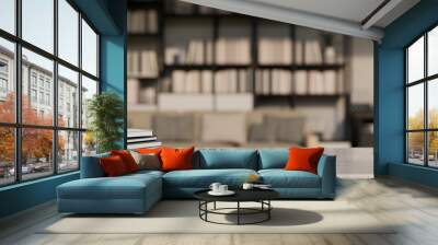 White tabletop with books, decor plants and copy space over blurred living room in the background Wall mural