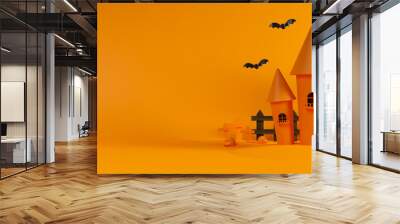 Witch castle and dried tree on yellow background, halloween concept, 3D rendering Wall mural