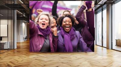 Dos Mujeres de diferentes razas manifestándose el día de la mujer. Mujeres luchando por sus derechos vestidas de morado.  Wall mural