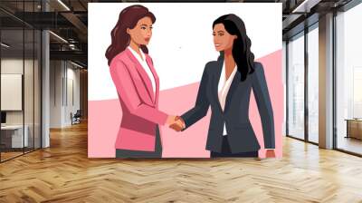 Two women standing and dressed in suits, shaking hands to close a business deal. 
Two businesswomen clasping hands. Wall mural