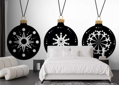 Vector de tres bolas de navidad negras decoradas en blanco con fondo blanco. Bolas de árbol de navidad para decorar Wall mural