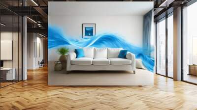 A blue wave of clean air flows over a white couch in a living room with bright, natural light Wall mural