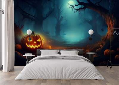 A haunting Halloween scene with a glowing pumpkin in the forefront amidst a spooky, dark forest with mist and eerie lighting Wall mural