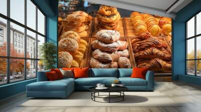 A variety of pastries and baked goods on display. Wall mural