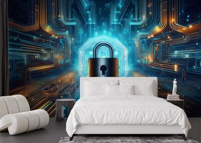 Abstract digital lock on glowing circuit board, symbolizing data security and cyber protection. Wall mural