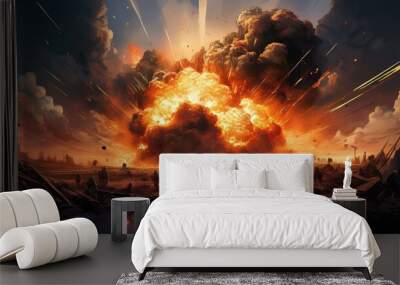 an explosion on a battleground, capturing the chaos, debris, and the profound consequences of conflict. Wall mural