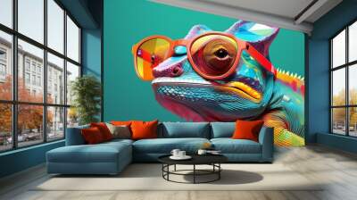 chameleon wearing sunglasses on a solid color background art digital art faceted minimal abstract panorama background generative ai Wall mural