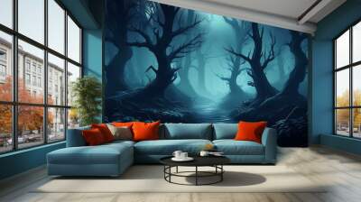 dark misty forest panorama fantasy halloween landscape Wall mural