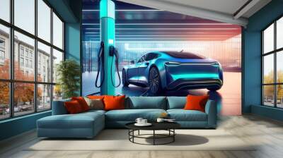 Futuristic electric car is connected to the EV charging station in the underground parking of the business center showroom. Technology and alternative energy concept. 3D illustration rendering Wall mural