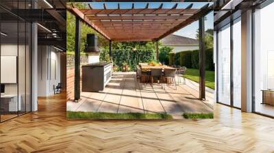 Modern backyard patio with pergola and outdoor kitchen on a sunny summer day Wall mural