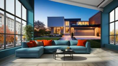 Modern house exterior at dusk with illuminated pathway Wall mural