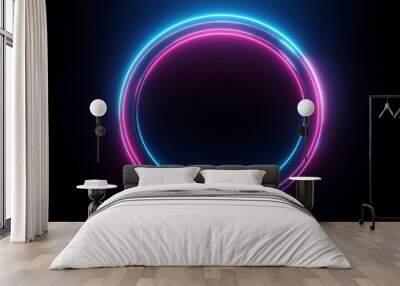 Round circle picture frame with two tone neon color shade motion graphic on isolated black background. Blue and pink light moving for overlay element. 3D illustration rendering. Empty space in middle Wall mural