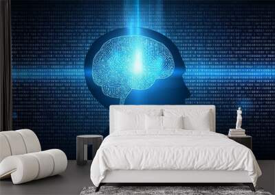 Smart glowing brain on blue abstract digital binary code background. Sciene technology and Digital transformation concept. New futuristic system technology sign and symbol.  illustration. Wall mural