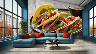 Steak tacos with sliced meet, salad and tomato salsa Wall mural