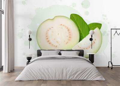 Half piece of guava vector illustration with guava slices and green leaves Wall mural