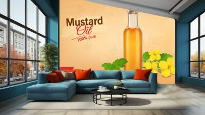 Mustard seeds and oil vector illustration with mustard plant flower on brown background Wall mural