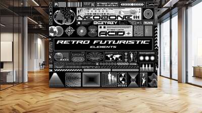 Big collection of retro futuristic elements for design. Abstract set of frames, 3d shapes, wireframe, cyberpunk windows and perspective grids. Blanks for a poster, banner, business card, sticker Wall mural