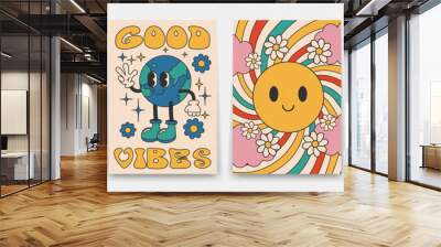 Bright groovy posters 70s. Retro poster with psychedelic mushrooms, planet character, sunburst clouds and flowers and rainbow, vintage prints, isolated Wall mural