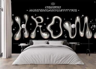 Chrome Y2K font. Liquid metal alphabet, melted steel letters and funky numbers. Glossy 3D flux typeface vector set Wall mural