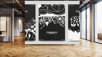 Collection of abstract posters with elements of street graffiti. Vandalistic spray painting on the walls, street art with splatters and drips. Isolated on black background Wall mural