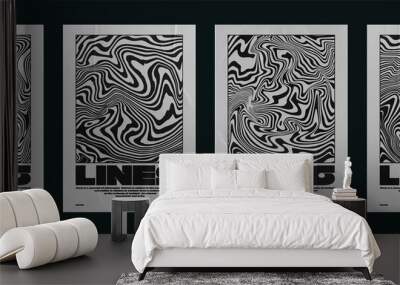 Collection of modern abstract posters with liquid effect. Techno style, psychedelic design, prints for t-shirts and sweatshirts. isolated on black background Wall mural