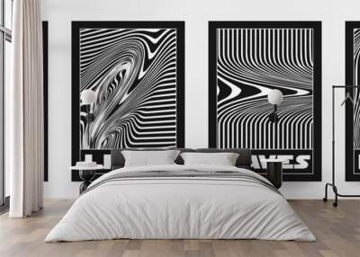 collection of modern abstract posters with optical waves. in techno style, psychedelic design, print Wall mural