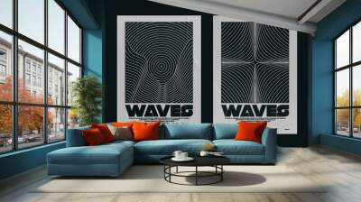 Collection of modern abstract posters with optical waves. In techno style, psychedelic design, prints for T-shirts and hoodies. Isolated on black background Wall mural