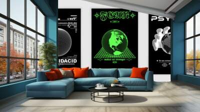 Collection of modern abstract posters. In Acid style, stylish print for streetwear, print for t-shirts and hoodies, isolated on black background Wall mural