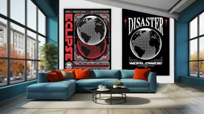 collection of modern posters with sphere of planet earth. in techno style, stylish print for streetw Wall mural