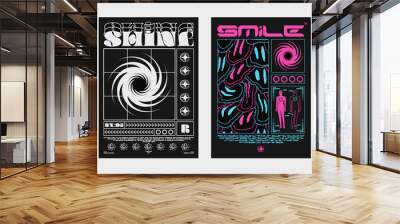 Collection of modern posters. In Techno style, stylish print for streetwear, print for t-shirts and hoodies, isolated on black background Wall mural