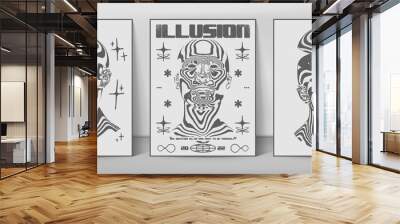 Collection of retro futuristic posters with psychedelic human head. Stylish print for streetwear, print for t-shirts and sweatshirts on a white background Wall mural