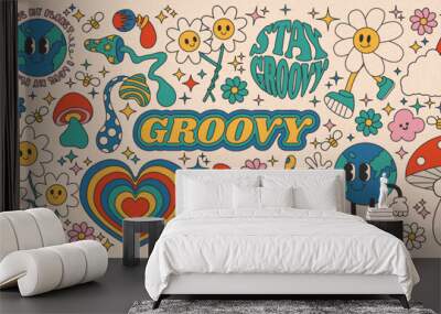 Collection of vintage groovy elements and characters. Retro character, hippie 70s style, psychedelic mushrooms, flowers, rainbow, heart and planet earth. Vintage vector set Wall mural