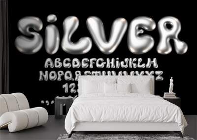 Glossy metallic silver font. Inflated alphabet, 3D ballon letters and numbers. Vector set Wall mural