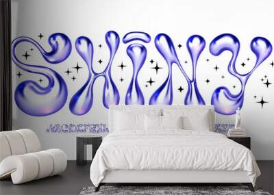 Metallic y2k font. Liquid bubble iron alphabet with melted letters and funky numbers. Glossy 3D flux type face vector set Wall mural