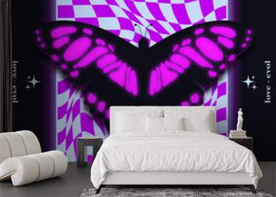 Modern abstract poster butterfly . In Y2K style, stylish print for streetwear, print for t-shirts and hoodies, isolated on black background Wall mural