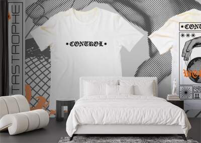 Modern poster with text Control, hand controls planet. In Techno style, print for streetwear, for t-shirts, hoodies, and sweatshirts. Isolated on white background Wall mural