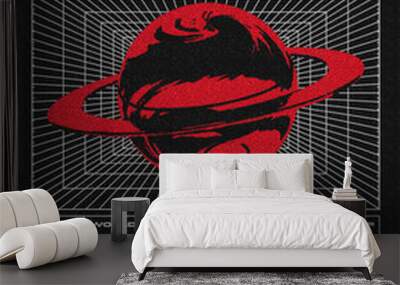 Retro futuristic poster with planet and rings, and grunge textures. Fashionable print for clothes, t-shirts, hoodies and sweaters. isolated on black background Wall mural