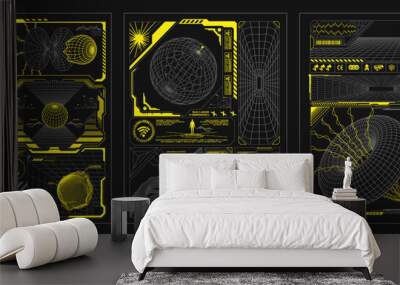 Retro futuristic posters with 3D wireframes of spheres and torus. Cyberpunk virtual interfaces, digital technology windows, perspective grids, print for t-shirt, hoodie or sweatshirt Wall mural