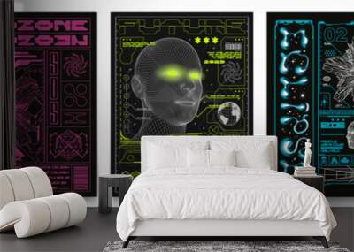 Retro futuristic posters with low poly human heads, deformed spheres, and earth planet. Techno style stylish print for streetwear, print for t-shirts and sweatshirts isolated on black background Wall mural