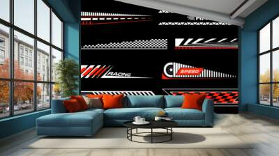 Sport car decal stripes. Car tuning stickers, speed racing stripes. Red markings for transport. Isolated on black background Wall mural