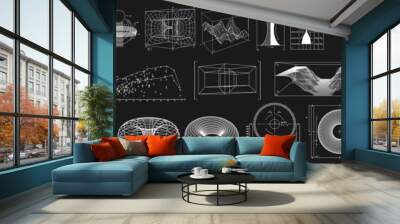 Wireframe of geometric shapes. 3D retro futuristic blueprints of spheres, waves, diagram, graphs. Vector set of graphics for design Wall mural