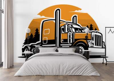 Premium semi truck flat bed 18 wheeler freight vector illustration. Best for Tshirt and sticker related design Wall mural