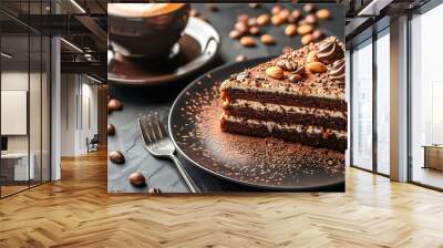 chocolate cream cake with nuts on a plate and a cup of cappuccino coffe on a black table Wall mural