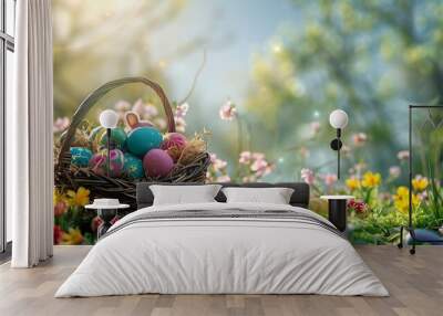 Easter egg hunting various candy and chocolate easter eggs bunny and rabbits with basket for eggs on garden background Wall mural