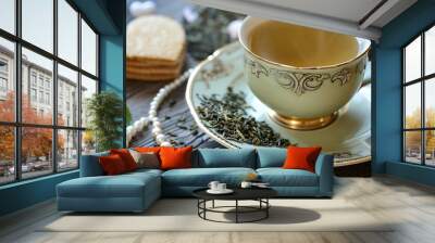 Jasmine green tea with pearl neclace and decorative heart Wall mural