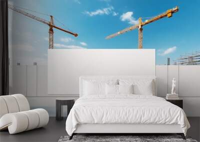 Blank billboard at a busy construction site with two cranes in the background under a clear blue sky with white clouds Wall mural