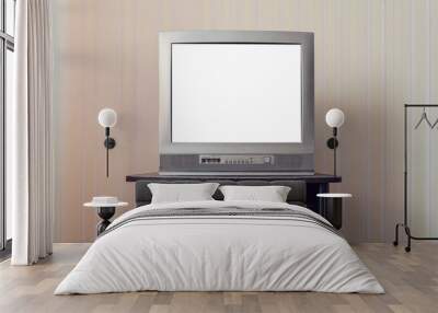 Blank white tv screen with mockup space in room with retro wallpaper in apartment or hotel Wall mural