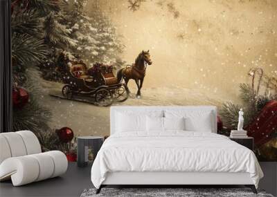 Charming Vintage Christmas Sleigh Ride Through Snowy Forest Featuring Beautiful Horse And Carriage Perfect For Holiday Cheer Wall mural