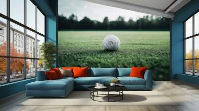 Close-up of a golf ball resting on the green grass of a golf course with a beautiful blurred background in the distance. Wall mural